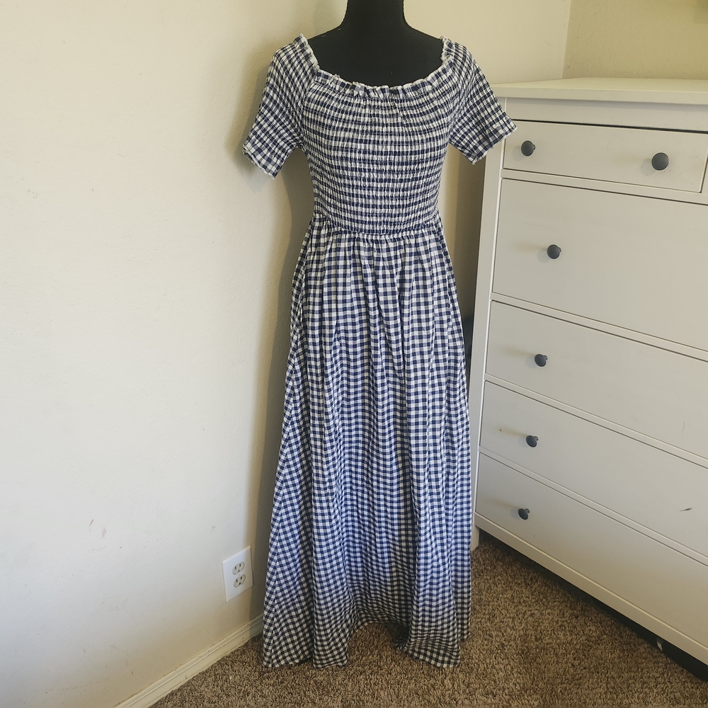 Blue Gingham Maxi Dress with Smocked Bodice